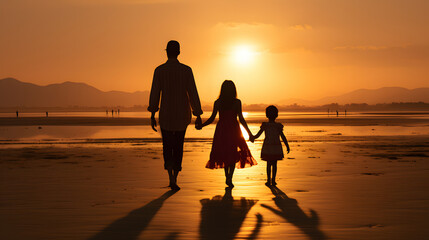 A people is having fun and hugging on the empty sandy sea beach at sunset. Orange sunrise.