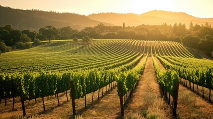 A breathtaking sunset paints a scenic view of a vineyard, with rows of grapevines stretching as far...