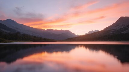 A tranquil mountain lake glows with the warm hues of sunset, mirroring the majestic surroundings.