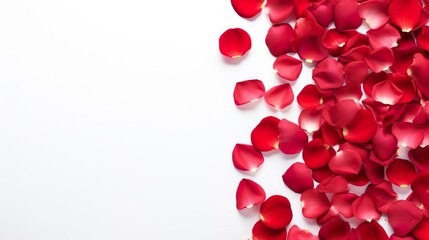 Romantic red rose petals on white background.