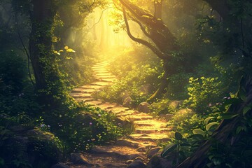 An inspiring poster depicting the journey of personal growth and self-awareness. The concept showcases a path winding through a lush, vibrant forest, symbolizing the individual's developmental journey