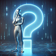 Personnage humanoïde  3d avec point d'interrogation bleuidéal pour illustration article ou blog - obrazy, fototapety, plakaty