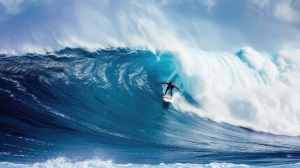 A surfer gracefully riding a massive wave displaying shades of ocean blues and white foam.