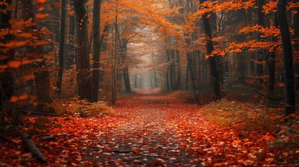 Foto op Plexiglas A serene forest pathway immersed in a colorful carpet of autumn leaves. © stocker