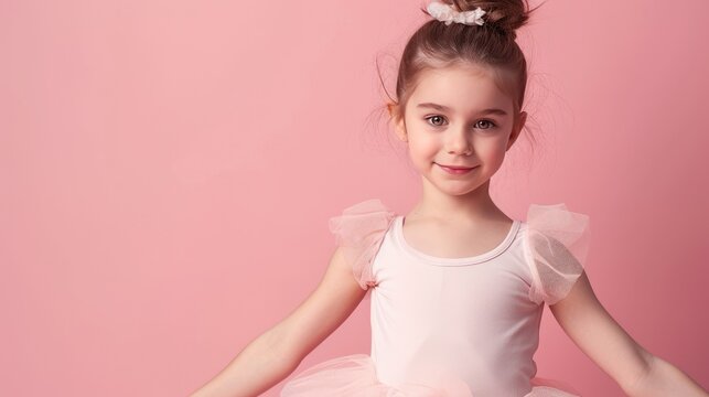 A poised young dancer gracefully practices ballet in her outfit.