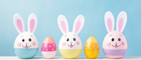 Obraz premium Painted eggs with bunny ears against a blue backdrop