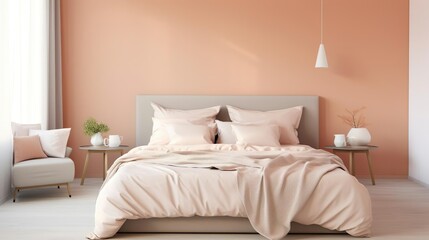 A comfy bedroom with a bed dressed in soft peach