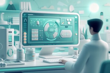 A digital illustration showcasing a transformative digital interface for insurance in healthcare, designed to simplify processes and enhance accessibility. The environment features a user-friendly - obrazy, fototapety, plakaty