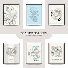 Underwater world, ocean, sea, fish and shells vertical flyer or poster template. Modern trendy Matisse minimal style. Hand drawn design for, wall decor, print, postcard, cover, template, banner.