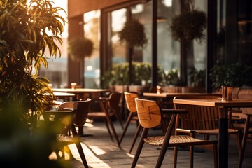 Outdoor seating in the modern cafe, wooden tables and chairs on a sunny day, European chic