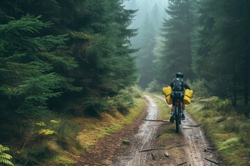 Bicycle trekking over rough terrain in the mountains forest