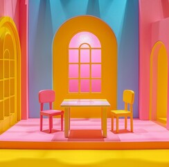 A vibrant playroom with colorful walls and toy furniture