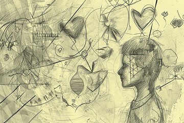 A heartwarming sketch illustrating the development of emotional intelligence for harmonious relationships. The scene features a person engaging in reflective activities, surrounded by symbols