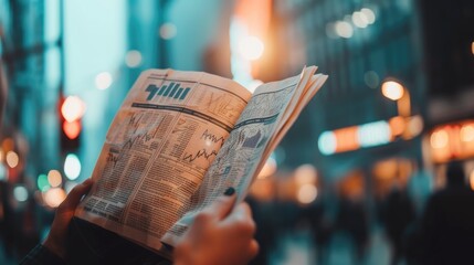 Person holding newspaper with stock market pages. - obrazy, fototapety, plakaty