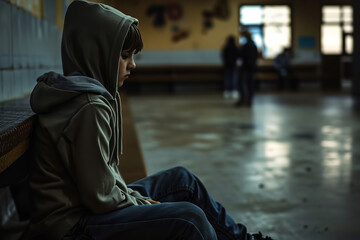a sad boy sitting alone on a bench in school