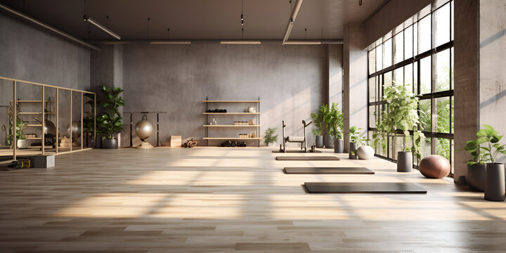 Interior of a modern yoga studio with wooden floor and large windows Modern yoga gym interior with unrolled yoga mats equipment Sports gym exercises Healthy lifestyle.