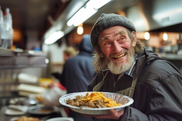 Cheerful homeless senior man with beard holding a plate of food in a social canteen for poor people
