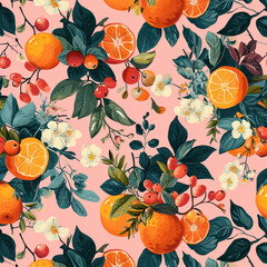 Juicy Harvest: A Seamless Tropical Fruit Pattern for a Fresh and Organic Summer Wallpaper with Bright and Colorful Watercolor Illustration of Ripe Mandarin Citrus Slices on a Green Leafy Background