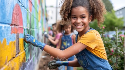 Smiling young girl painting colorful mural on community project day - obrazy, fototapety, plakaty