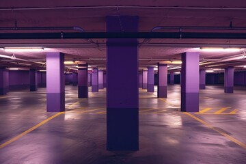 An empty underground parking garage with purple painted columns - obrazy, fototapety, plakaty