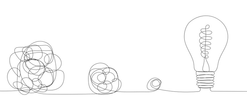 Confused thoughts, problem solving, new idea, problem solving concept. One continuous line drawing of path from chaotic to simplicity and light bulb. Problem solving and business solutions concept 