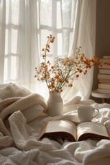 Early morning light streaming on a cozy bedroom setup with an open book