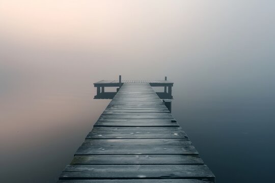A wooden pier on a lake at a foggy dawn © DK_2020