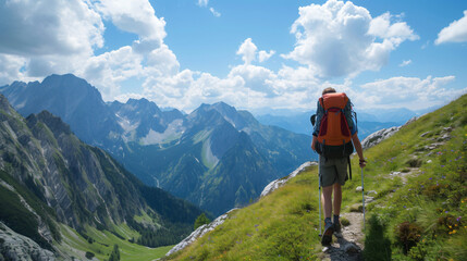 Fototapeta na wymiar Backpacker hiking on mountain