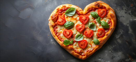 Heart shaped vegetarian pizza with tomatoes and bazil on the grey stone background for Valentine's day. Flat lay.