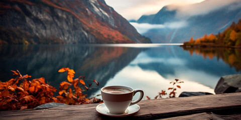 Naklejka na ściany i meble Photorealistic composition of a mug with a drink against the backdrop of a lake and mountains