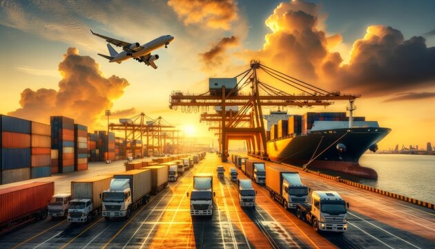 As the sun sets, logistics platforms buzz with activity, showcasing global trade in the vibrant hues of orange and gold, with trucks, cargo ships, and airplanes moving efficiently.