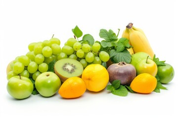 Naklejka na ściany i meble Vibrant green and yellow fruits and berries isolated on a white background