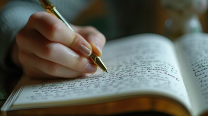 A hand holding a pen, writing in a notebook with focused intensity.