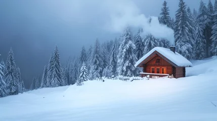 Fotobehang A charming wooden cabin nestled in a picturesque snowy landscape, surrounded by tall trees and glistening white snow. © stocker