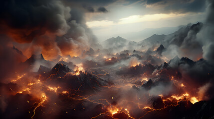 Fototapeta premium Volcano mountain fire eruption volcanic lava, danger magma explosion crater. Crater erupting