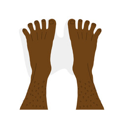 Cartoon illustration of pair of bare feet with normal healthy posture of toes. Male dark skin feet top view. Vector illustration