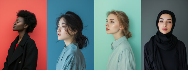 Obraz premium Portrait of a woman. Diverse women with a minimalist aesthetic against a quartet of solid color backgrounds