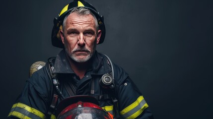 A courageous firefighter dressed in protective gear, holding a helmet, ready to tackle any emergency.