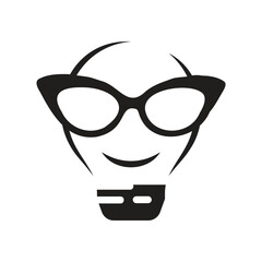 Bulb with cat eyed glasses smiling black and white simple icon