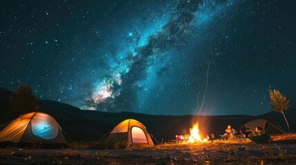 A group of friends enjoying a camping trip under the starry night, with cozy tents and a warm campfire.