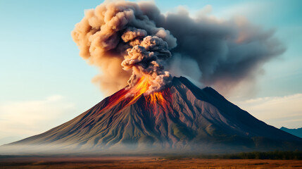Volcano mountain fire eruption volcanic lava, danger magma explosion crater. Crater erupting