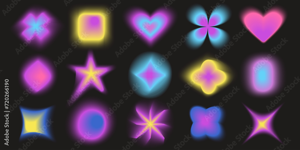 Poster Gradient isolated abstract blur shapes, aesthetic vector elements on black background. Colorful soft gradients. Vector illustration. 