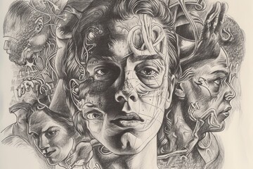 A detailed self-portrait sketch emphasizing self-respect and positive self-perception. The scene features the individual with confident posture and expressions, surrounded by symbols of personal