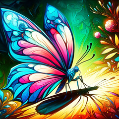 Colorful butterfly against a lush green background. The butterfly's wings are decorated with a myriad of flowers and intricate patterns that radiate an ethereal glow. AI Generation.