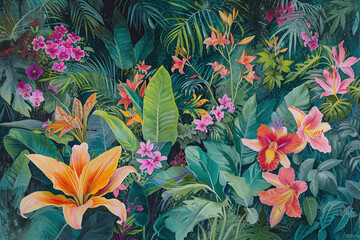 Botanical illustration of a lush tropical garden with vibrant flowers and foliage