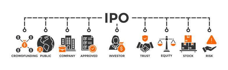 Fototapeta na wymiar Ipo banner web icon vector illustration concept of initial public offering with icon of crowdfunding, public company, approved, investor, trust, equity, stock and risk
