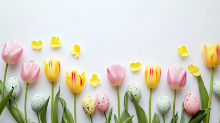 Easter layout of light pink and yellow spring flowers