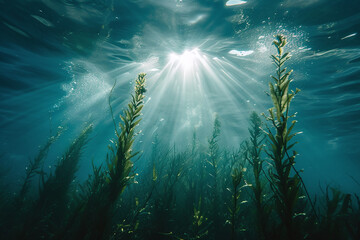 Fototapeta na wymiar Underwater Seagrass Bathed in Sunlight, Ethereal Aquatic Landscape with Sunbeams