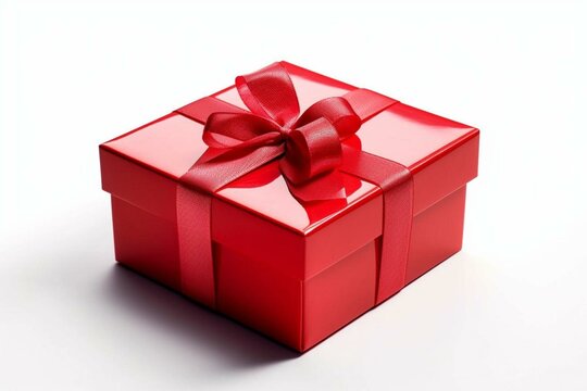 Bright red gift box with a price tag on a plain white background. Generative AI