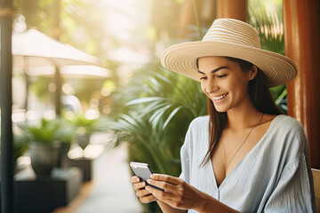 Woman smiling and using mobile for online payment